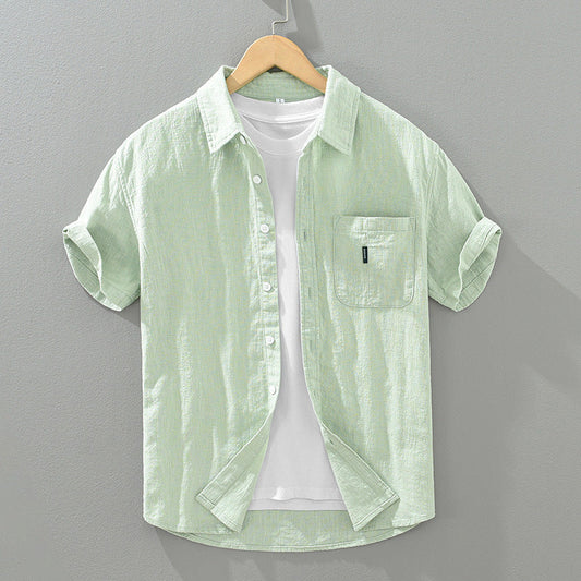 Solid Color Cotton And Linen Casual Fashion Short Sleeve Shirt