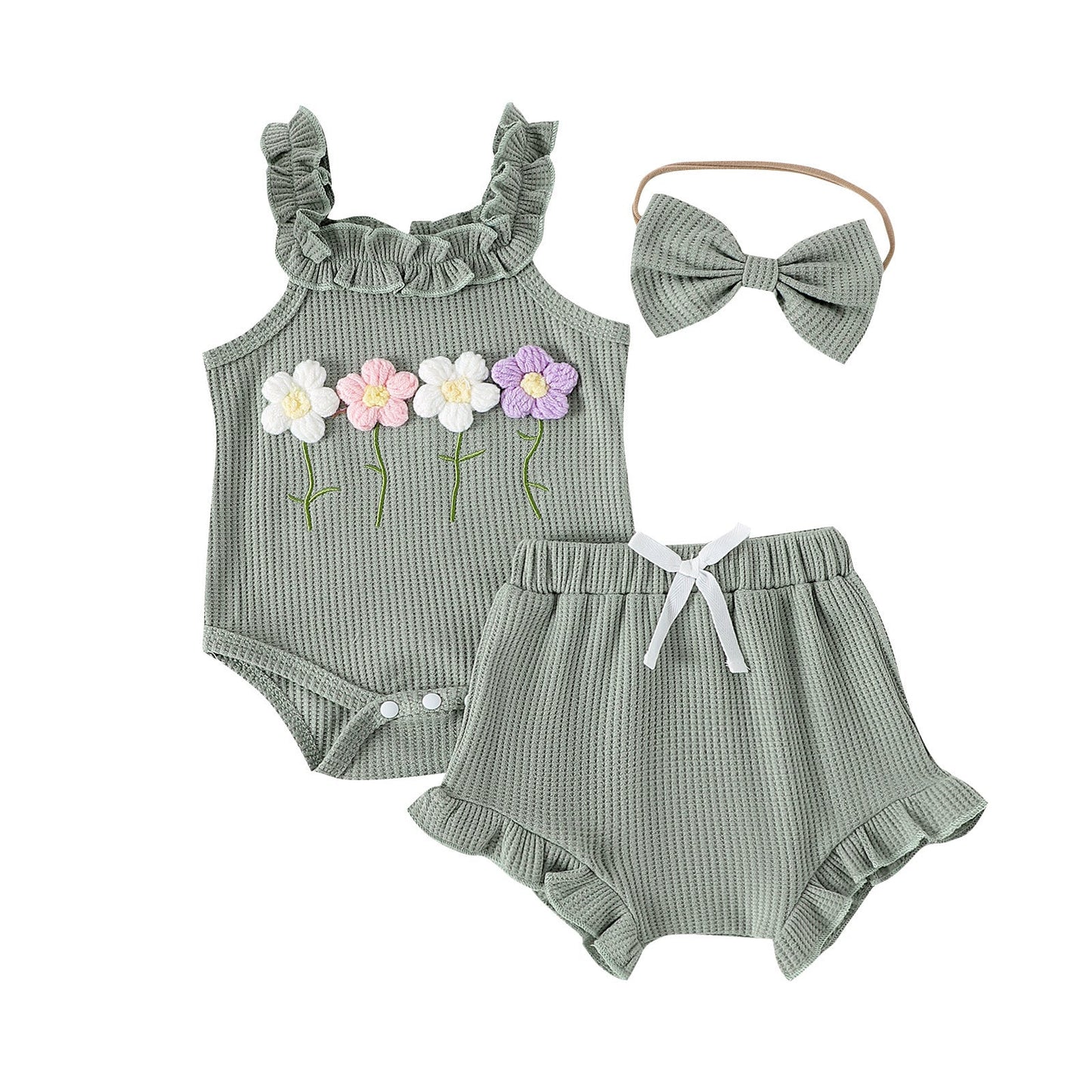 Girls' Summer Embroidered Three-piece Set With Suspenders