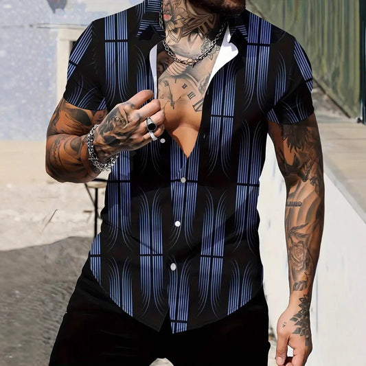 Men's New Geometric Line Style Printing Lapel Short Sleeve Shirt