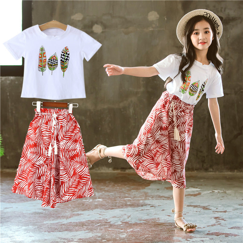 Korean Style Leaf Printed Wide-leg Pants Two-piece Set