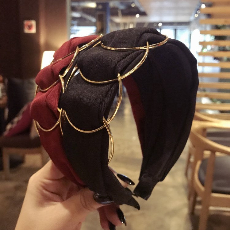 Hair Accessories Headband Women Fashion Golden Ring Cross Stitching Fabric Wide Side