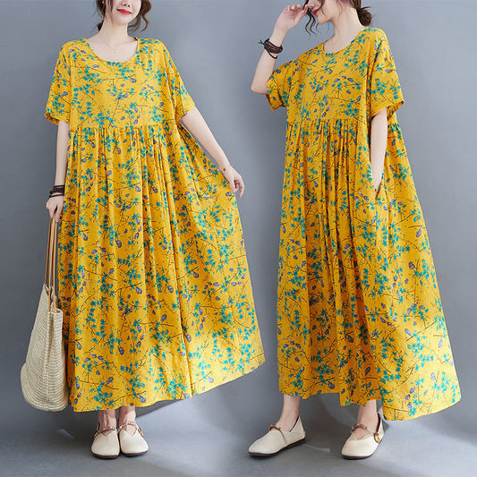 Artistic Large Size Loose Plump Girls Cotton And Linen Printed Short-sleeved Dress Women's Clothing