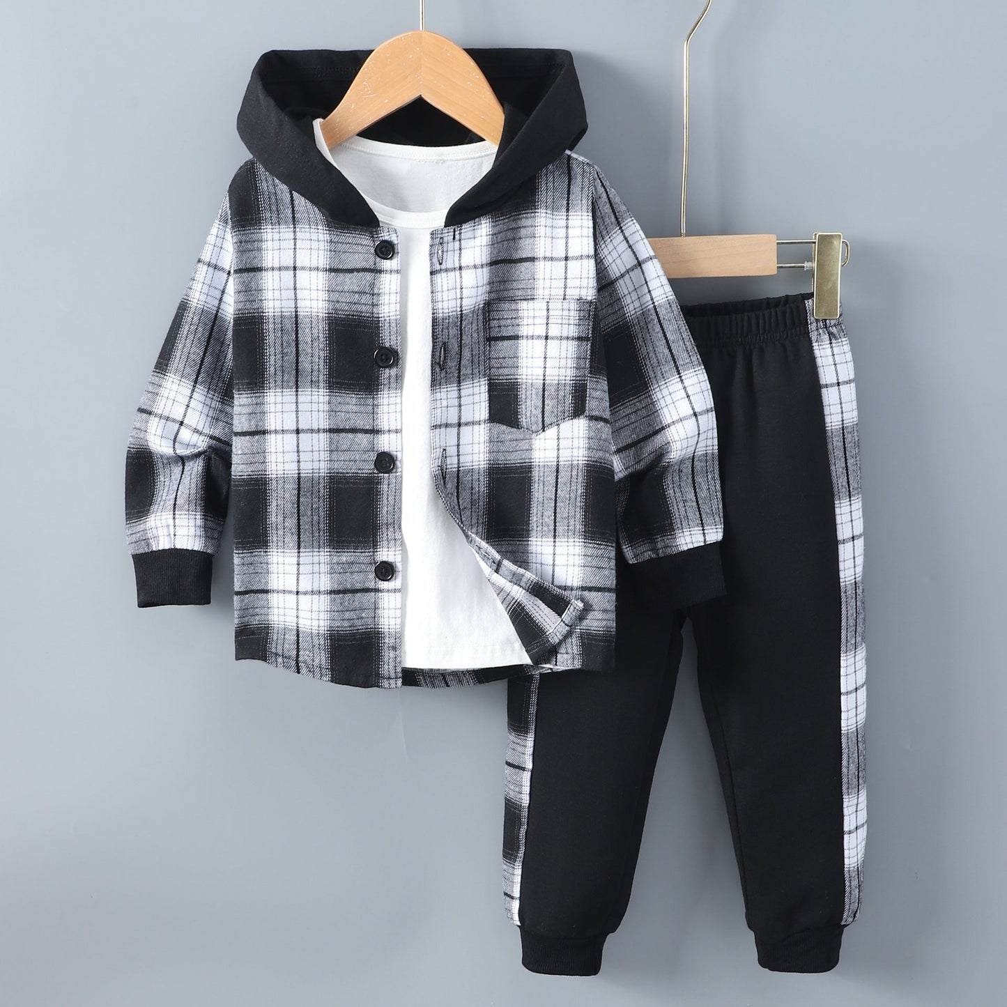 Long Sleeve Plaid Contrast Color Hoodie Two-piece Set