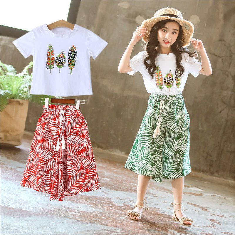 Korean Style Leaf Printed Wide-leg Pants Two-piece Set