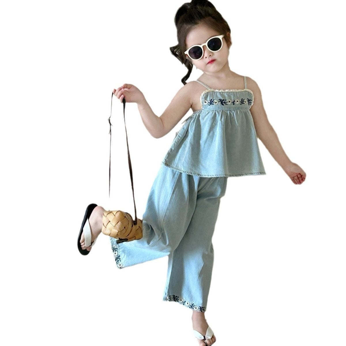 Girls' Embroidered Strap Vest Denim Straight-leg Pants Two-piece Set