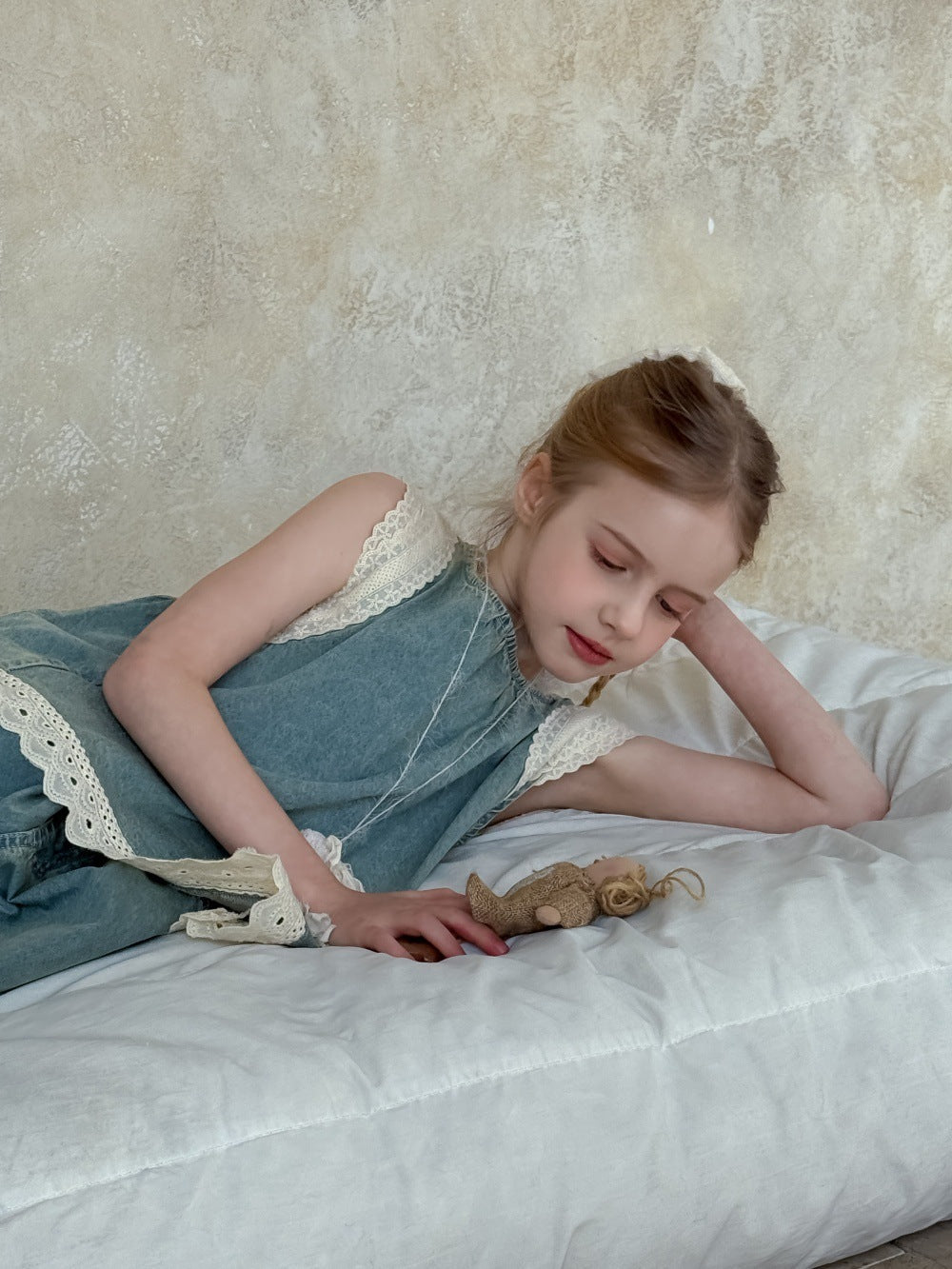 Girls' Lace Trim Denim Cropped Wide-leg Pants Sleeveless Vest Two-piece Set