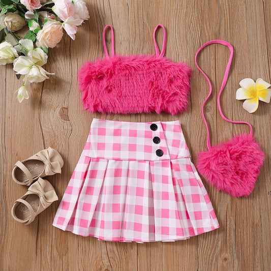 Girls' Fur Sling Solid Color Fur Button Pleated Skirt Bag