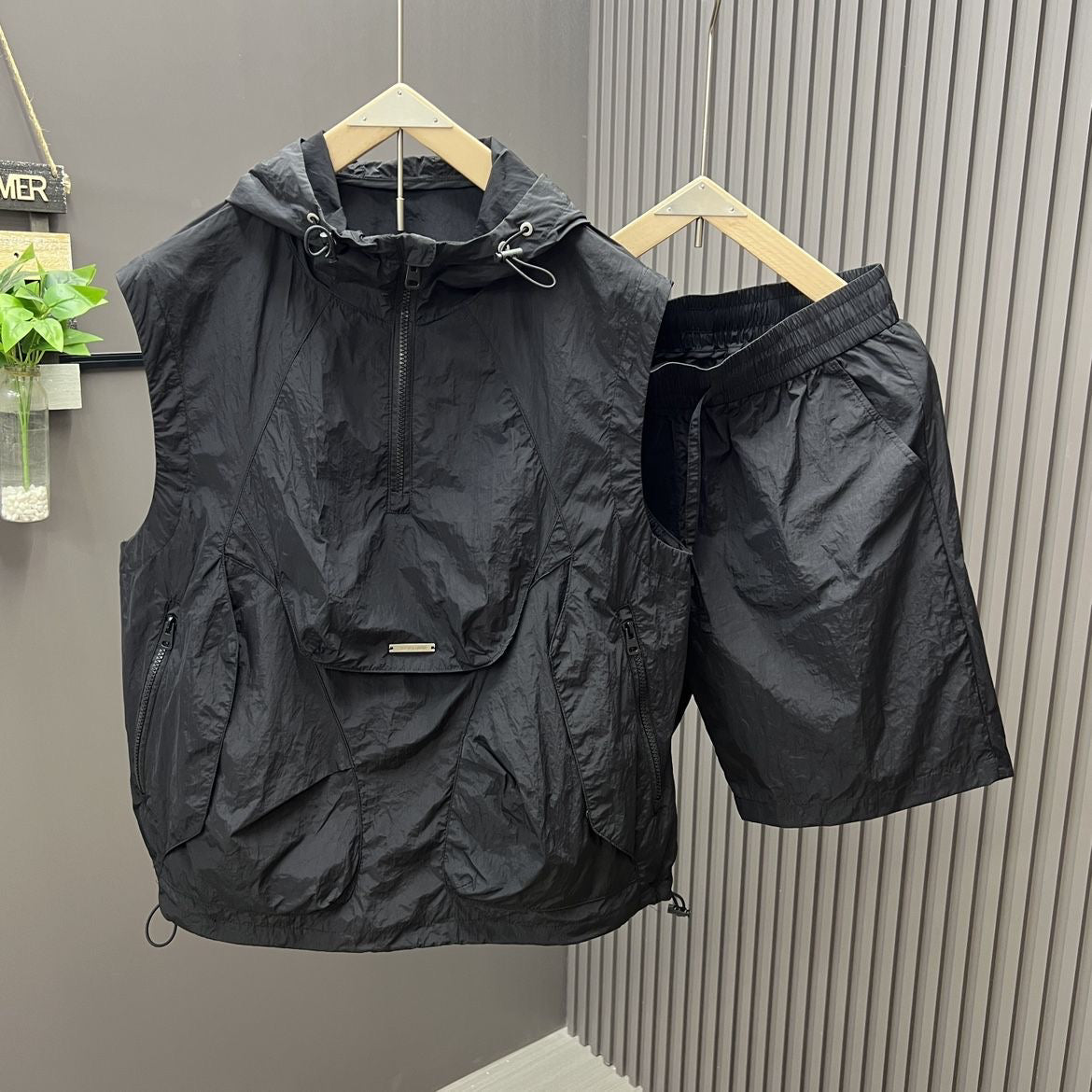 Casual Hooded Vest Suit Men's Summer Workwear Thin Loose