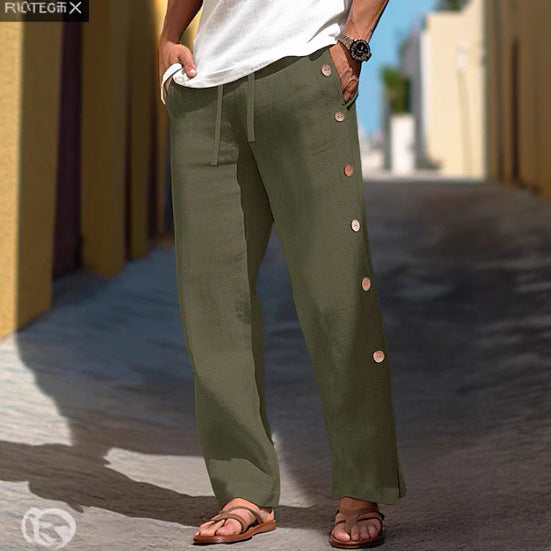 Men's Linen Trousers Drawstring Elastic Waist Side Buckle Solid Color Breathable Comfortable