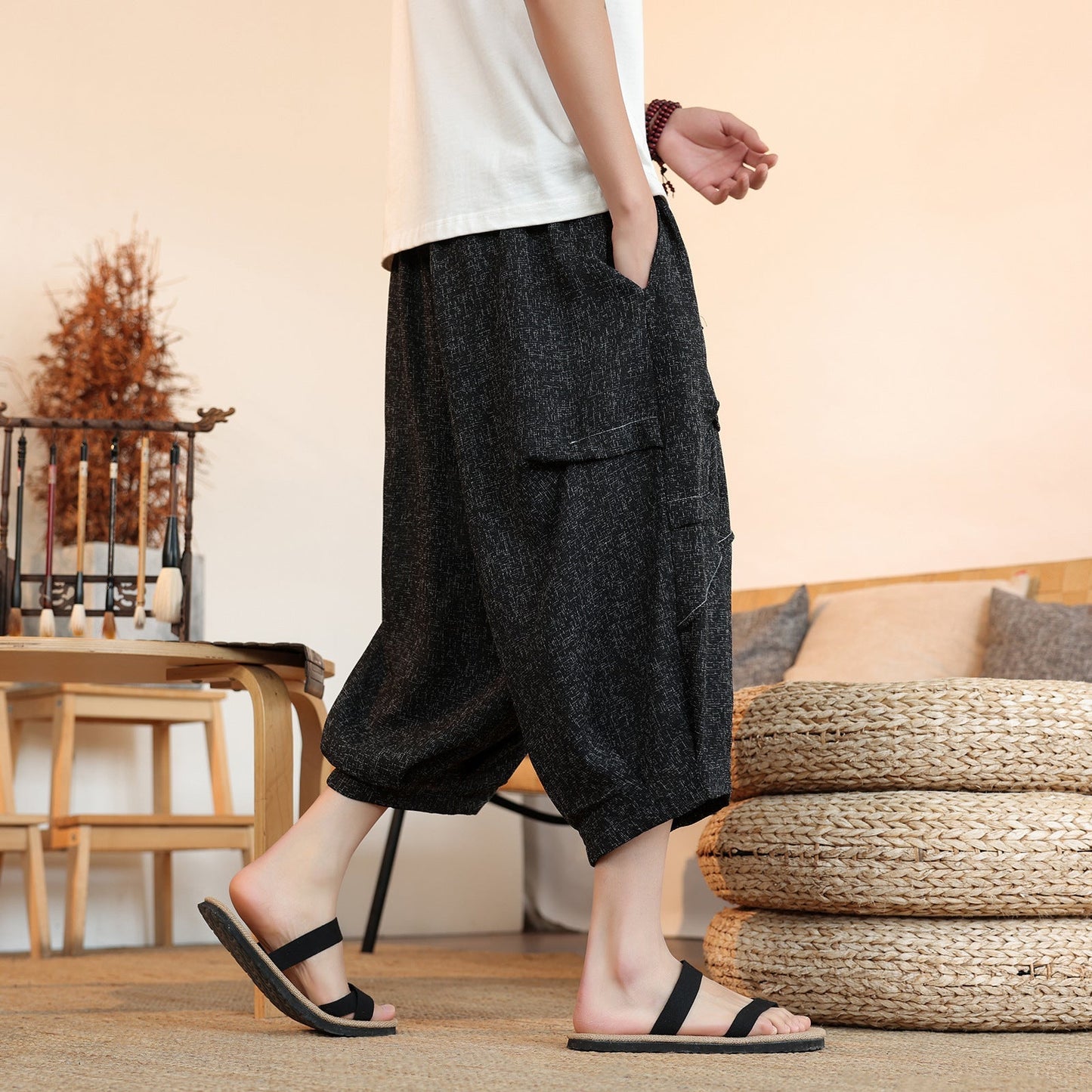 New Chinese Style Ice Silk Draping Pleated Cropped Pants Loose Men's Wide-leg Pants