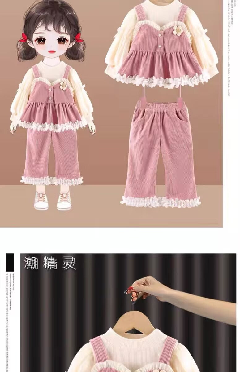 Girls Spring and Autumn Suit 2025 New Children's Girl Clothes Casual Pants Three-piece Set Baby Princess Suspender Dress