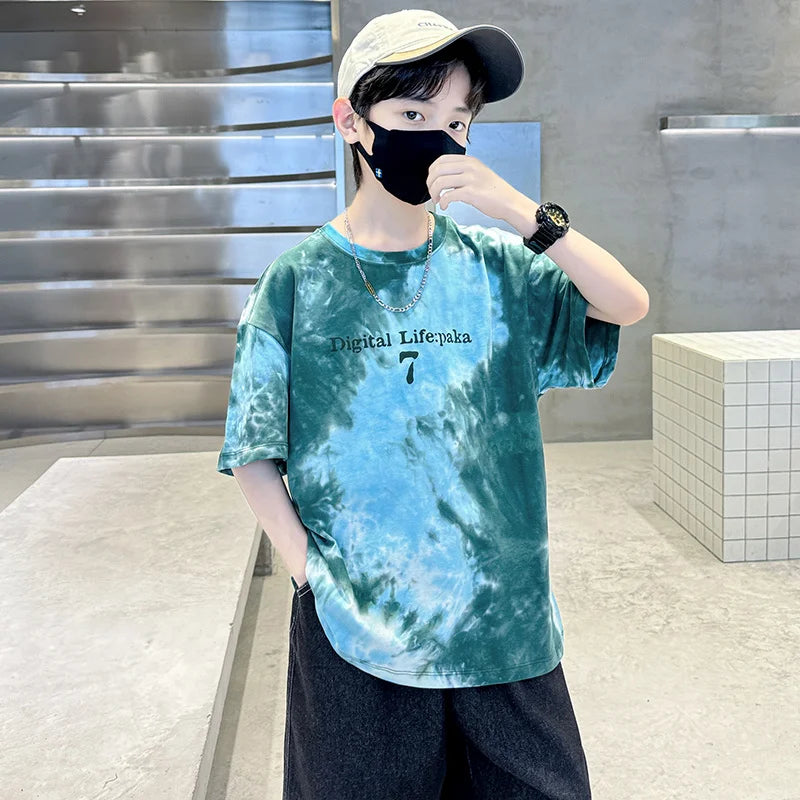Summer Boys T Shirts Fashion Print Short Sleeve Tee Tops for Kids Cotton Tshirt Tie-Dye Casual Streetwear Teenager Outerwear