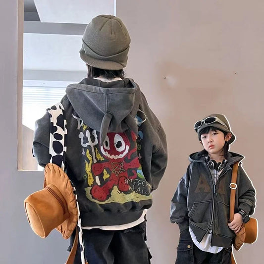 New boys' jacket cartoon distressed hooded winter 2025 children's velvet horn hat double zipper sweater loose casual jacket