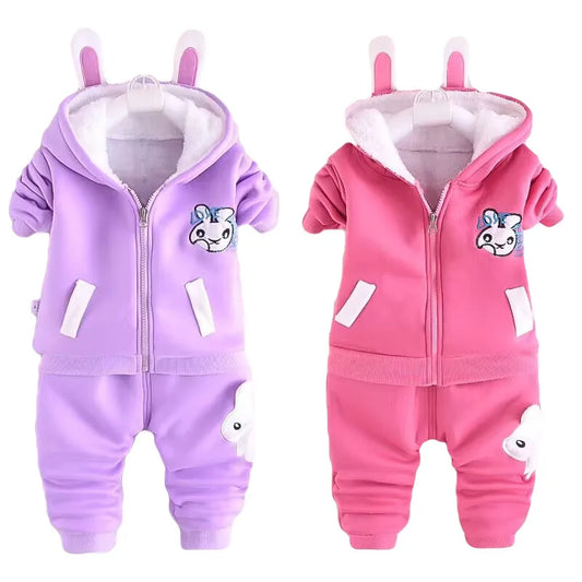 Children's Autumn and Winter Set for Boys Korean Cartoon Plush Thickened Zipper Hooded Set for Girls 2-piece Warm Set 0-5Y