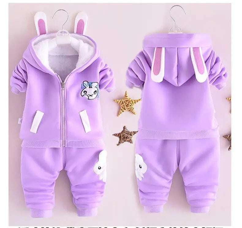 Children's Autumn and Winter Set for Boys Korean Cartoon Plush Thickened Zipper Hooded Set for Girls 2-piece Warm Set 0-5Y