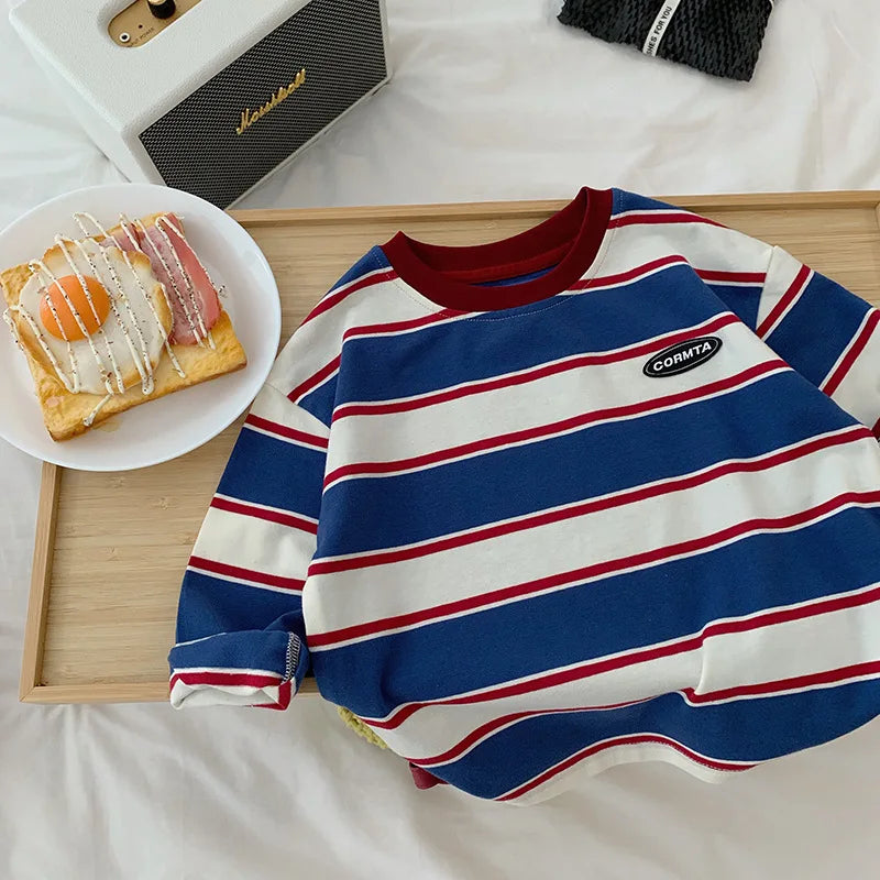 2-7Y Spring Children Clothes For Baby Girl Boys T-shirt Stripe Cotton Long Sleeves Shirts Teen Hoodie Bottoming Shirt Kids Tops