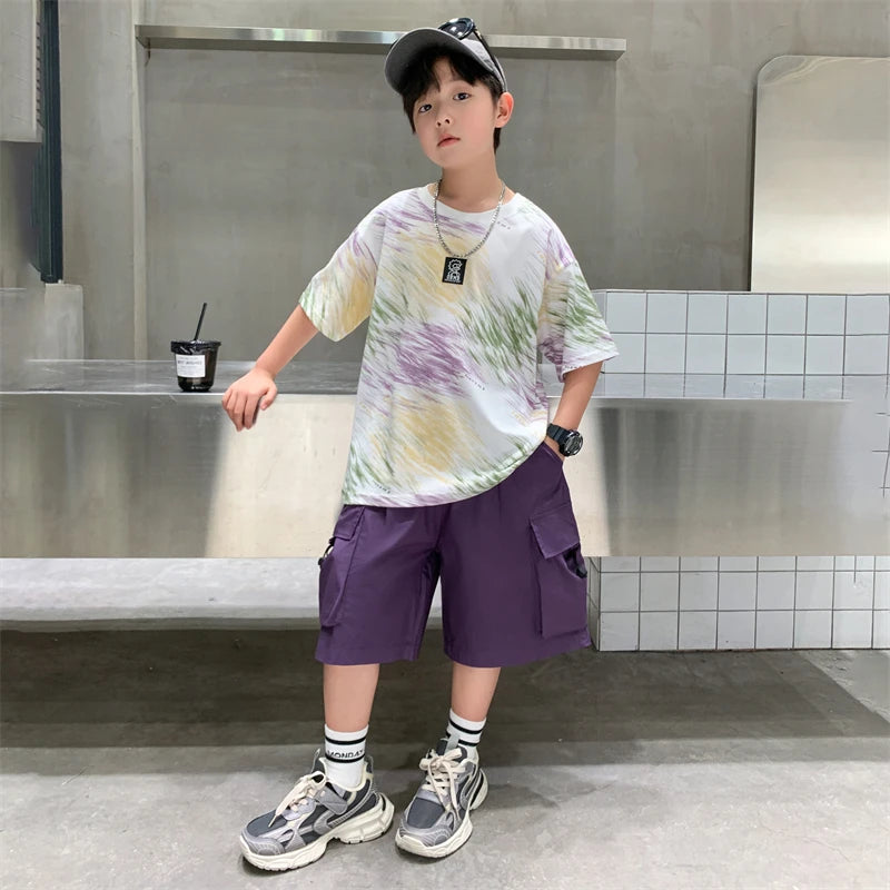 Summer Boys Shorts Short Sleeve Shorts Handsome High Quality Leisure Sports Simple Two-piece Set.4-16year