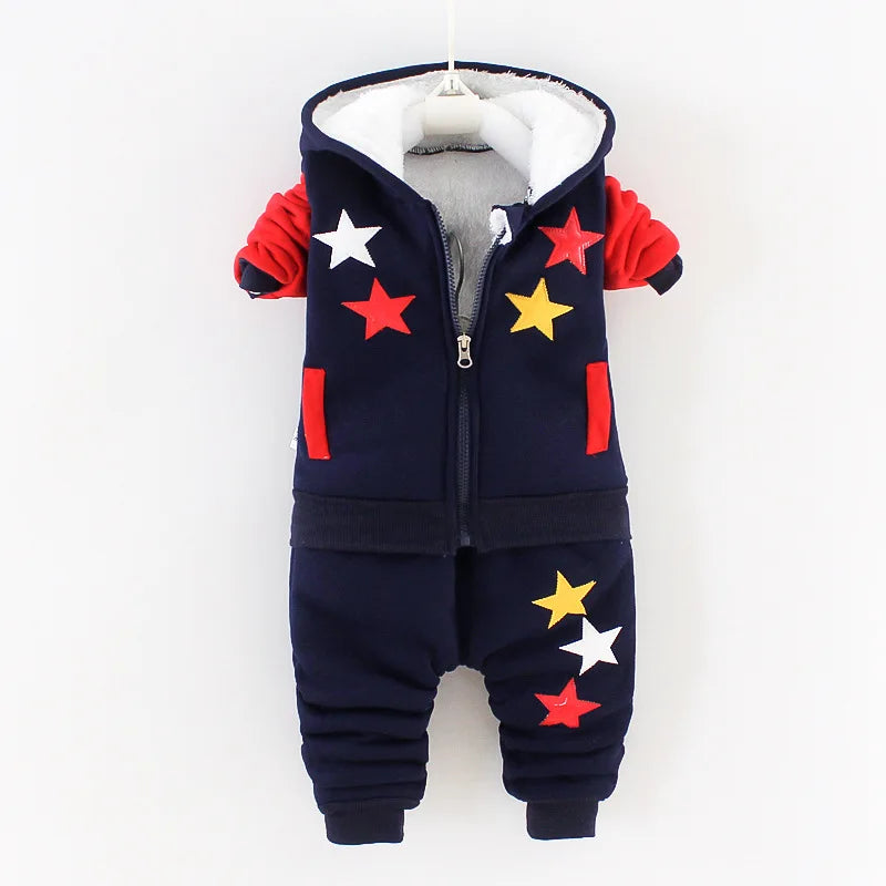 Children's Autumn and Winter Set for Boys Korean Cartoon Plush Thickened Zipper Hooded Set for Girls 2-piece Warm Set 0-5Y