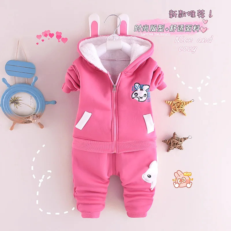 Children's Autumn and Winter Set for Boys Korean Cartoon Plush Thickened Zipper Hooded Set for Girls 2-piece Warm Set 0-5Y