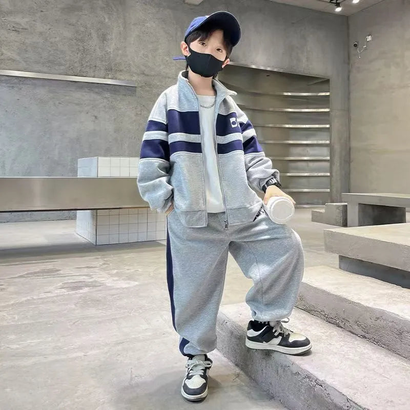 Fashion Boys Clothing Set Spring Autumn Patchwork Zipper Coat Pants 2Pcs For 4-12 Years Kids Tracksuits Teenager Casual Outfits