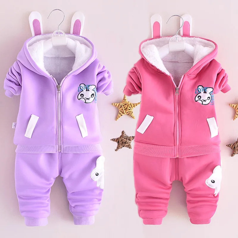 Children's Autumn and Winter Set for Boys Korean Cartoon Plush Thickened Zipper Hooded Set for Girls 2-piece Warm Set 0-5Y