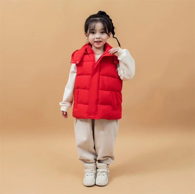 Winter Warm Baby and Girls Boys Cotton Lined Plain Hooded Zip Puff Vest Jackets Child Waistcoat School Kids Outfit Tops 3-12 Yr