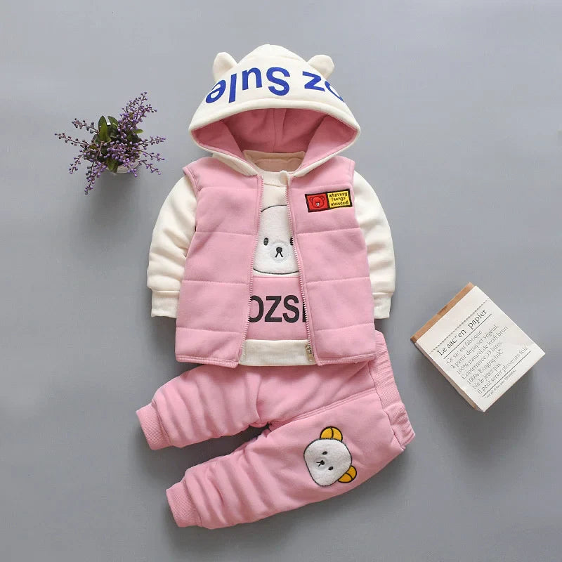 New Autumn Winter Baby Girl Clothes Children Boys Thickened Hooded Vest T-Shirt Pants 3Pcs/Sets Toddler Costume Kids Tracksuits