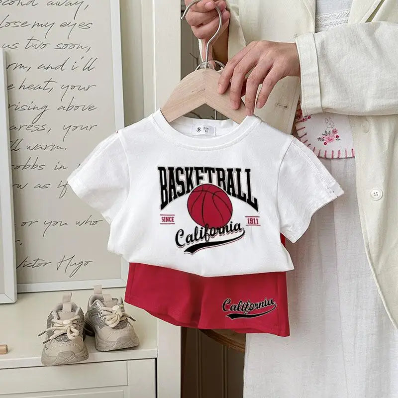 Summer Boys Clothes Printed Basketball Kids Casual Tracksuit 2piece Set T-shirt + Shorts Loose Fashion Children's Wear Suit