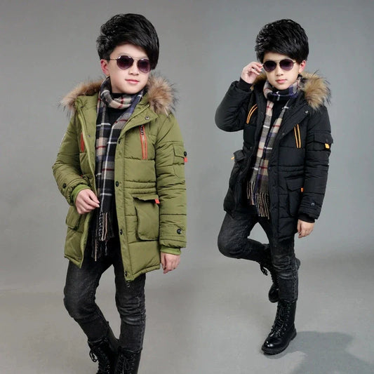 5-14 Years Big Boys Jacket Winter Thicken Warm Teenager Kids Jacket Fashion Long Style Zipper Hooded Children Outerwear Clothing