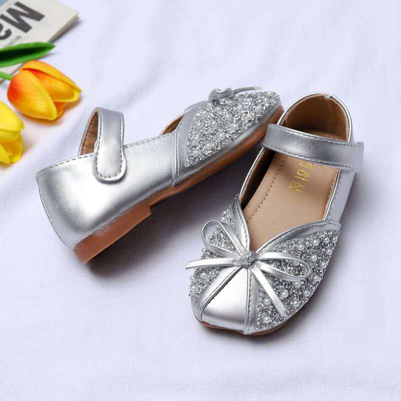 Spring Autumn New Soft Bottom Rhinestone Bow Leather Children Shoes Slip Girls Shoes for Kids Flats
