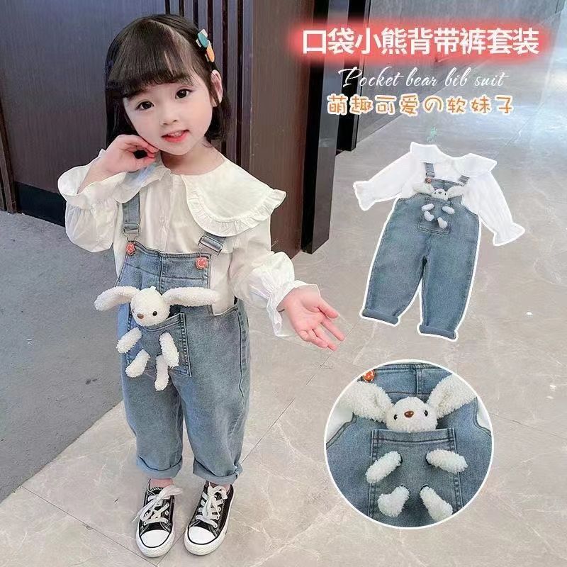 3 PCS Girl Clothing Sets Baby Girl Cartoon Pullover Hoody(Tops+ Jeans+ Doll) Set