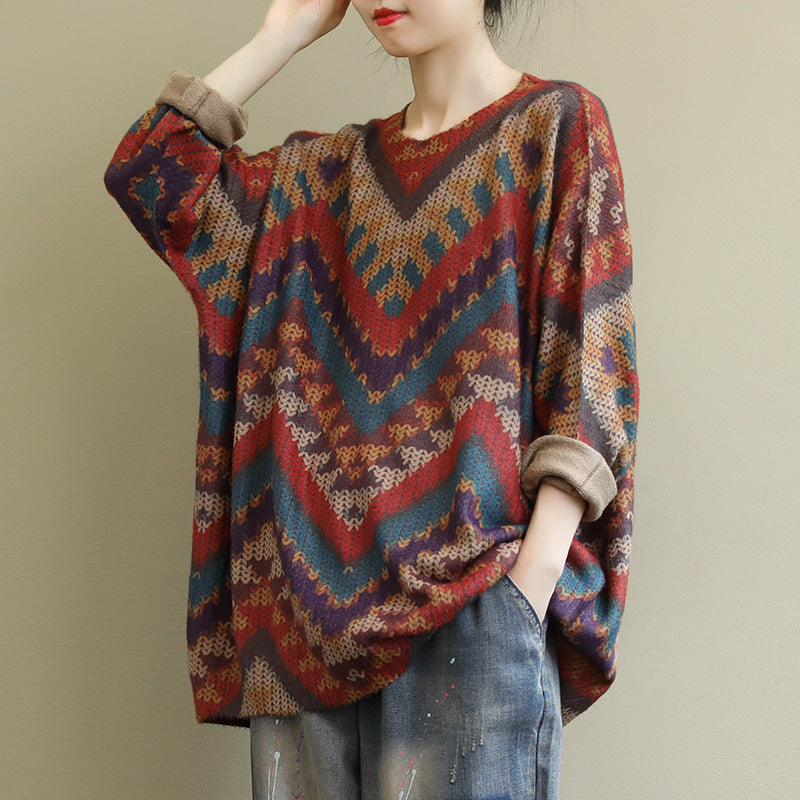 Autumn New Large Size Loose Artistic Retro Long Sleeve Striped All-matching Casual Printed Sweater Top Women's Clothing