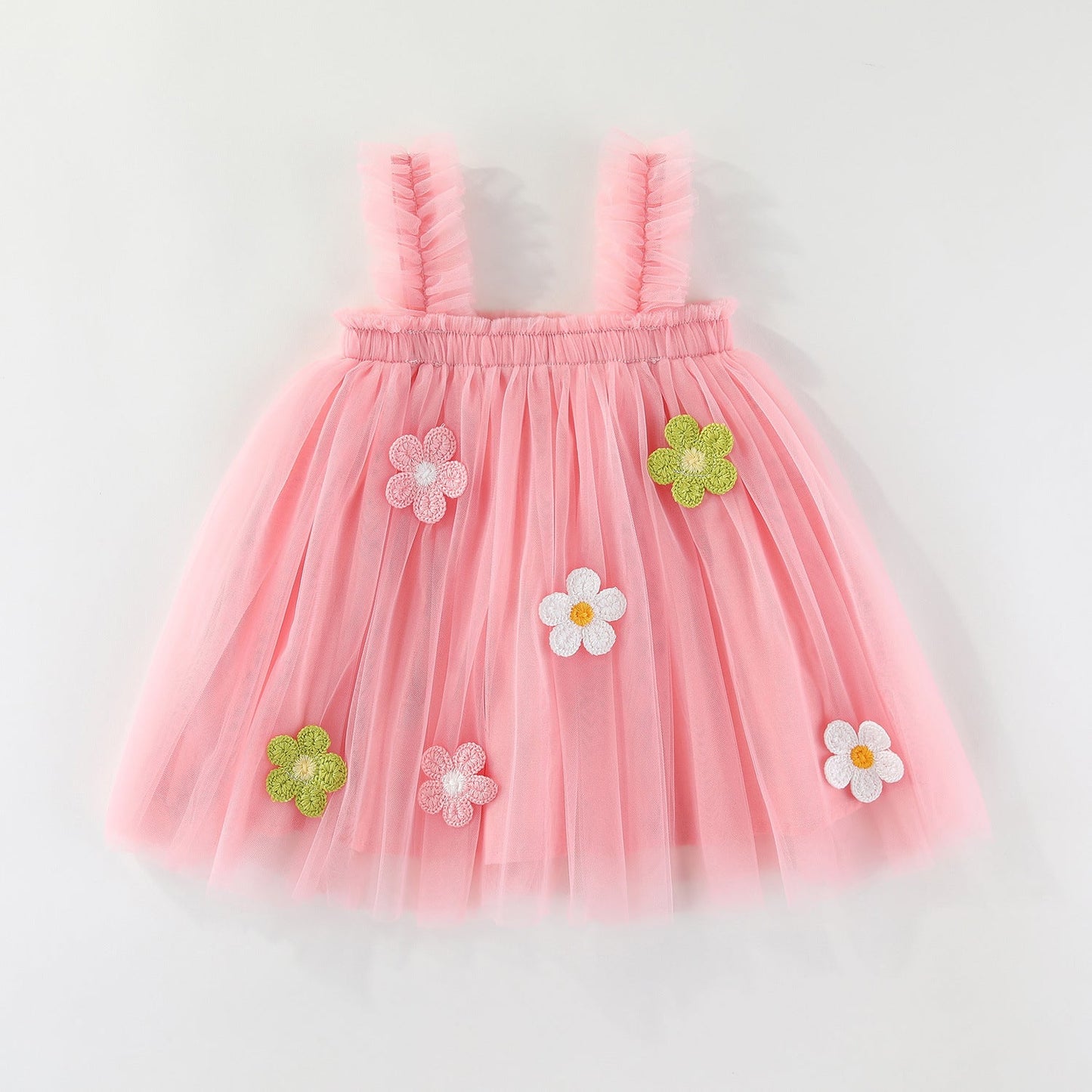 Girls Spaghetti Straps Chest Wrap Flower Embroidery Mesh Dress