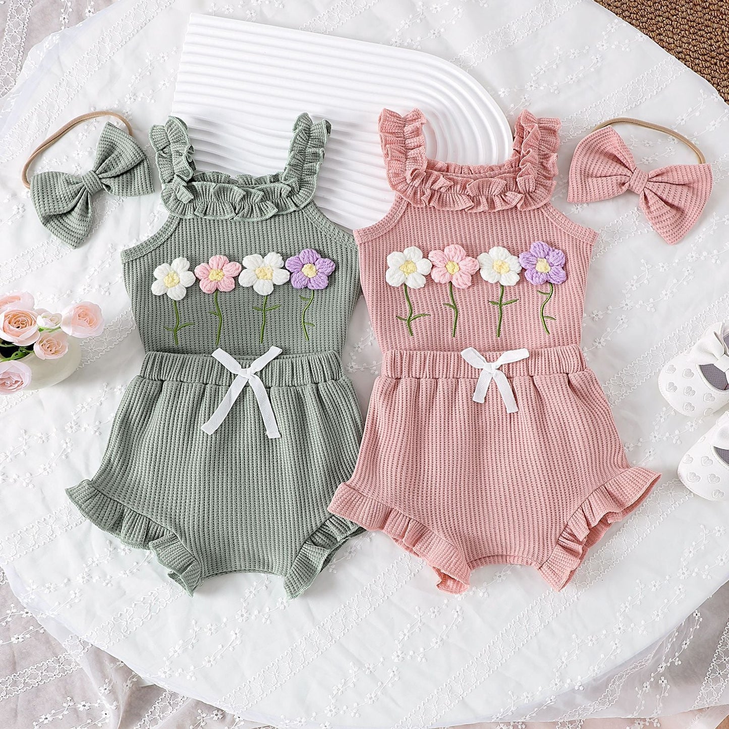 Girls' Summer Embroidered Three-piece Set With Suspenders