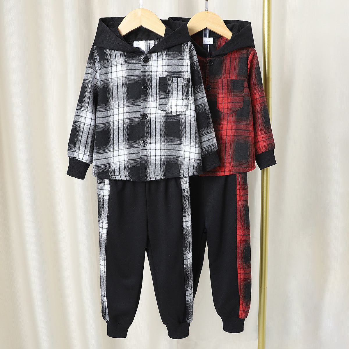 Long Sleeve Plaid Contrast Color Hoodie Two-piece Set