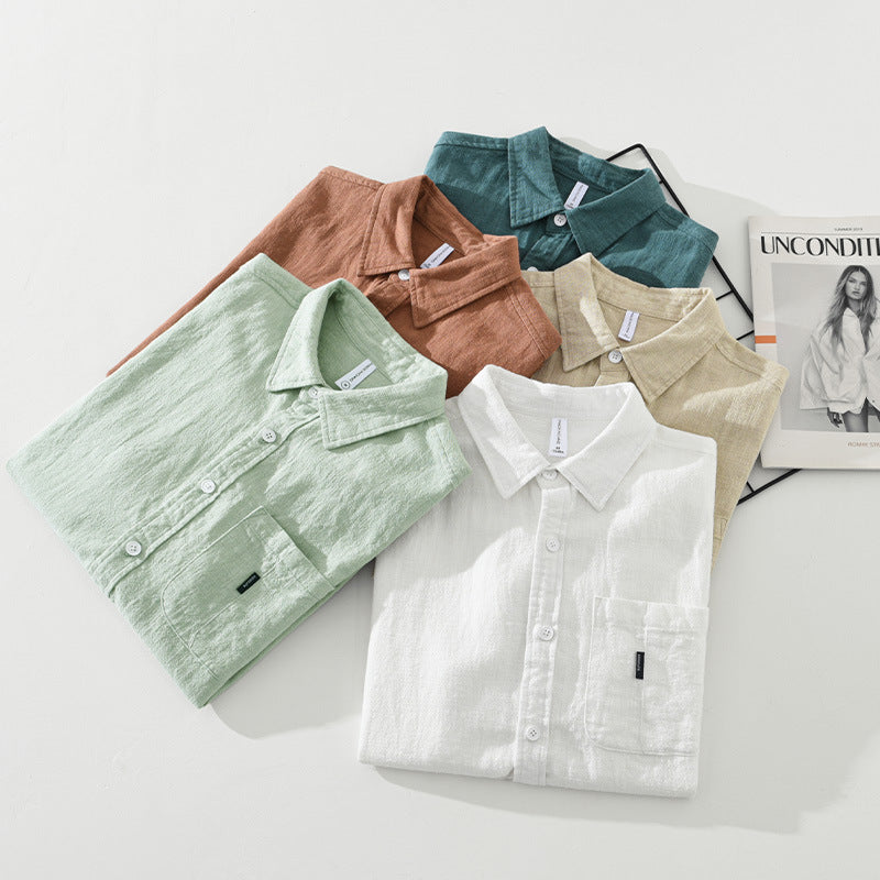 Solid Color Cotton And Linen Casual Fashion Short Sleeve Shirt