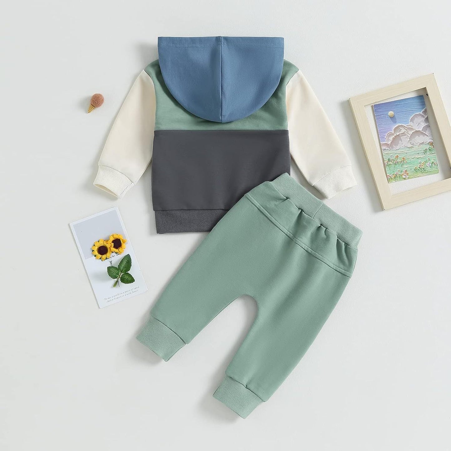 Color Contrast Patchwork Pocket Hooded Sweater Children Fashion Casual Set