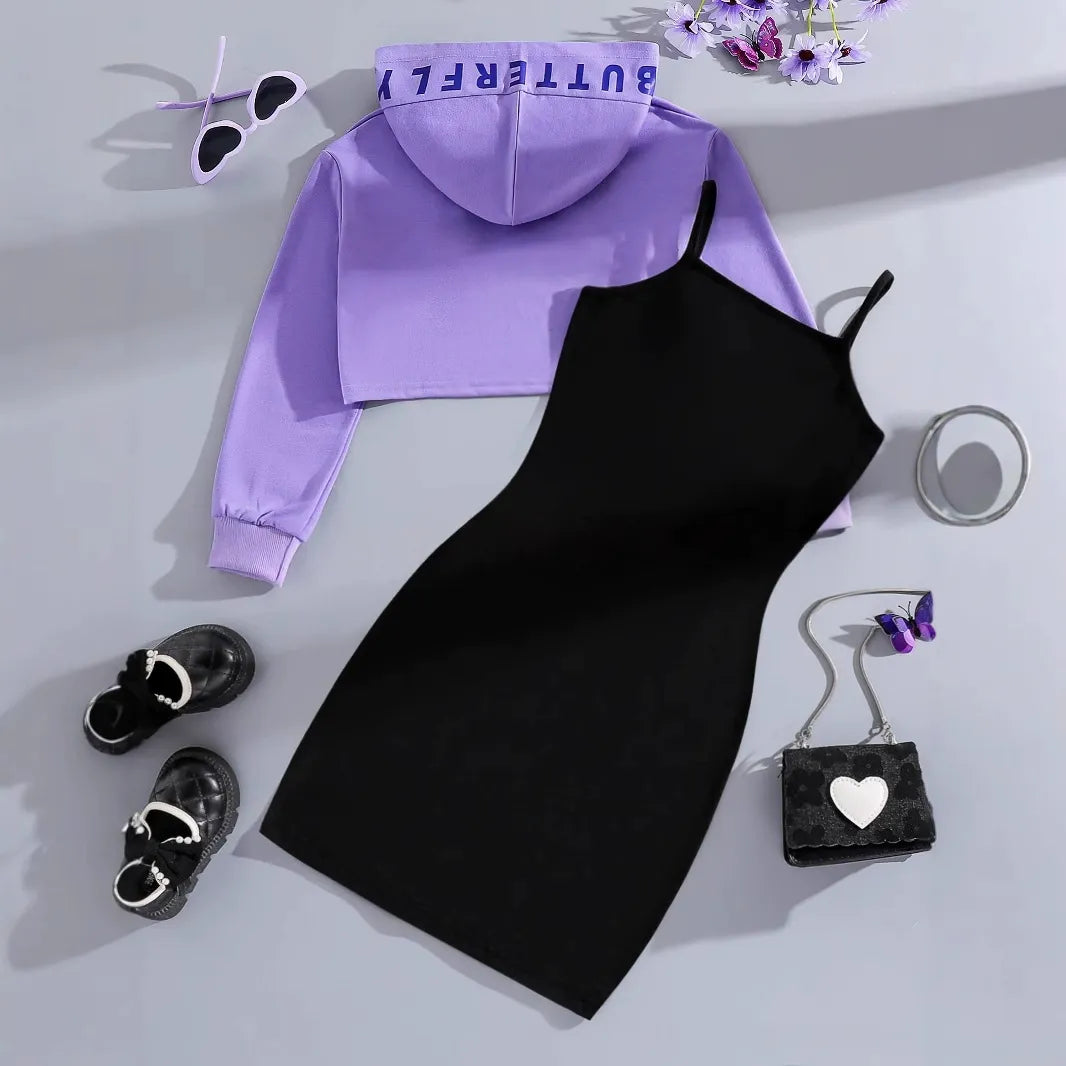 Girls long-sleeved short blouse sweatshirt suspender dress set