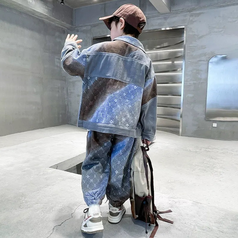 New style medium and large children's handsome street boy style denim two-piece suit