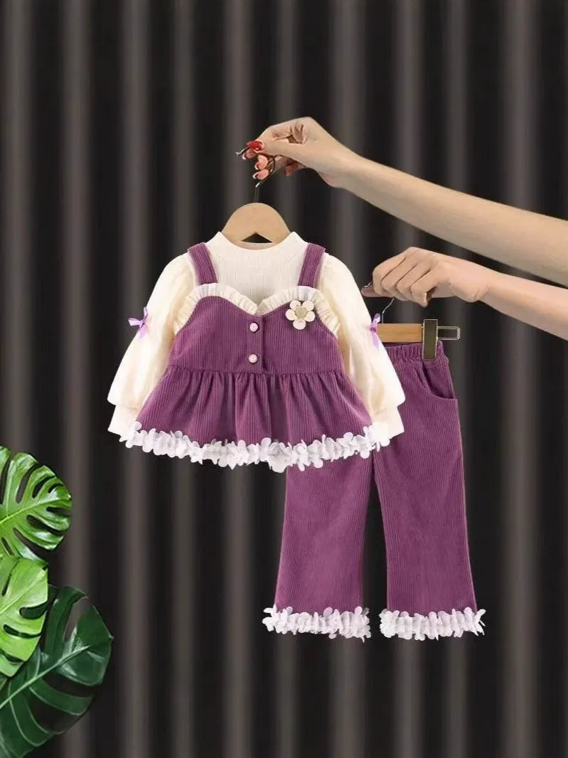 Girls Spring and Autumn Suit 2025 New Children's Girl Clothes Casual Pants Three-piece Set Baby Princess Suspender Dress