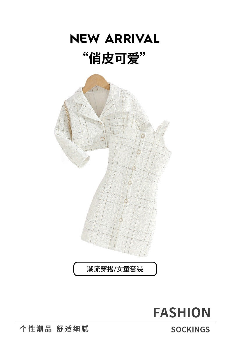 European style Chanel style girls suspender suit lapel long-sleeved coat plaid children's autumn French two-piece dress