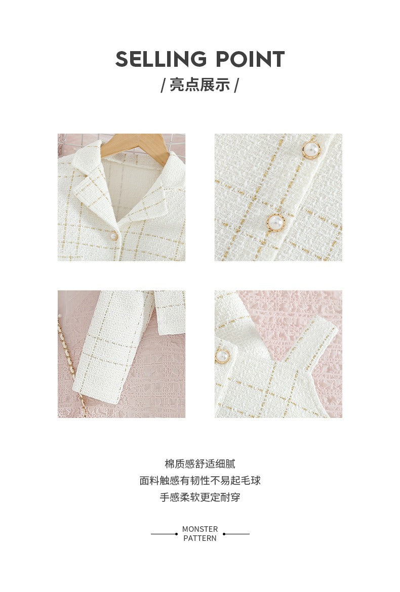 European style Chanel style girls suspender suit lapel long-sleeved coat plaid children's autumn French two-piece dress