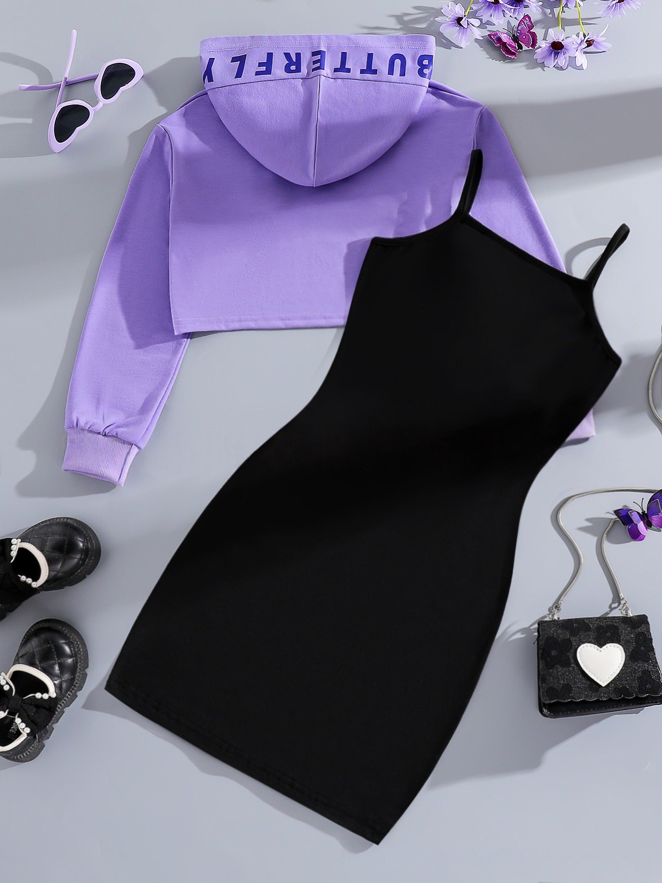 Girls long-sleeved short blouse sweatshirt suspender dress set