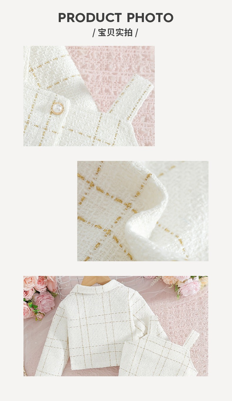 European style Chanel style girls suspender suit lapel long-sleeved coat plaid children's autumn French two-piece dress