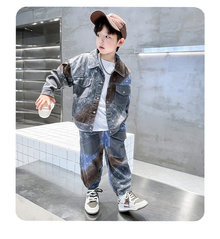 New style medium and large children's handsome street boy style denim two-piece suit