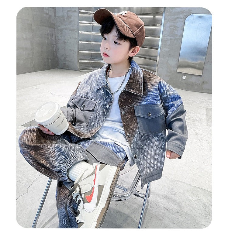 New style medium and large children's handsome street boy style denim two-piece suit