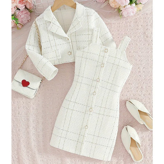 European style Chanel style girls suspender suit lapel long-sleeved coat plaid children's autumn French two-piece dress