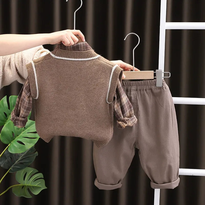 Children's knitted sweater vest cardigan three-piece set boys and girls baby cartoon shirt set