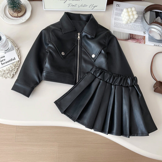 Children's leather jacket pleated skirt two-piece suit