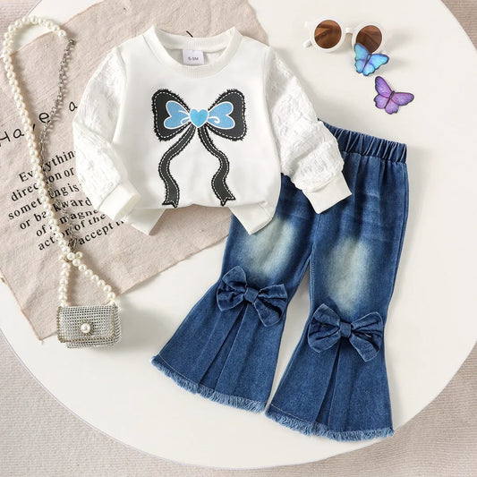 Girl suits with bow prints, long sleeves and flared pants, two-piece set
